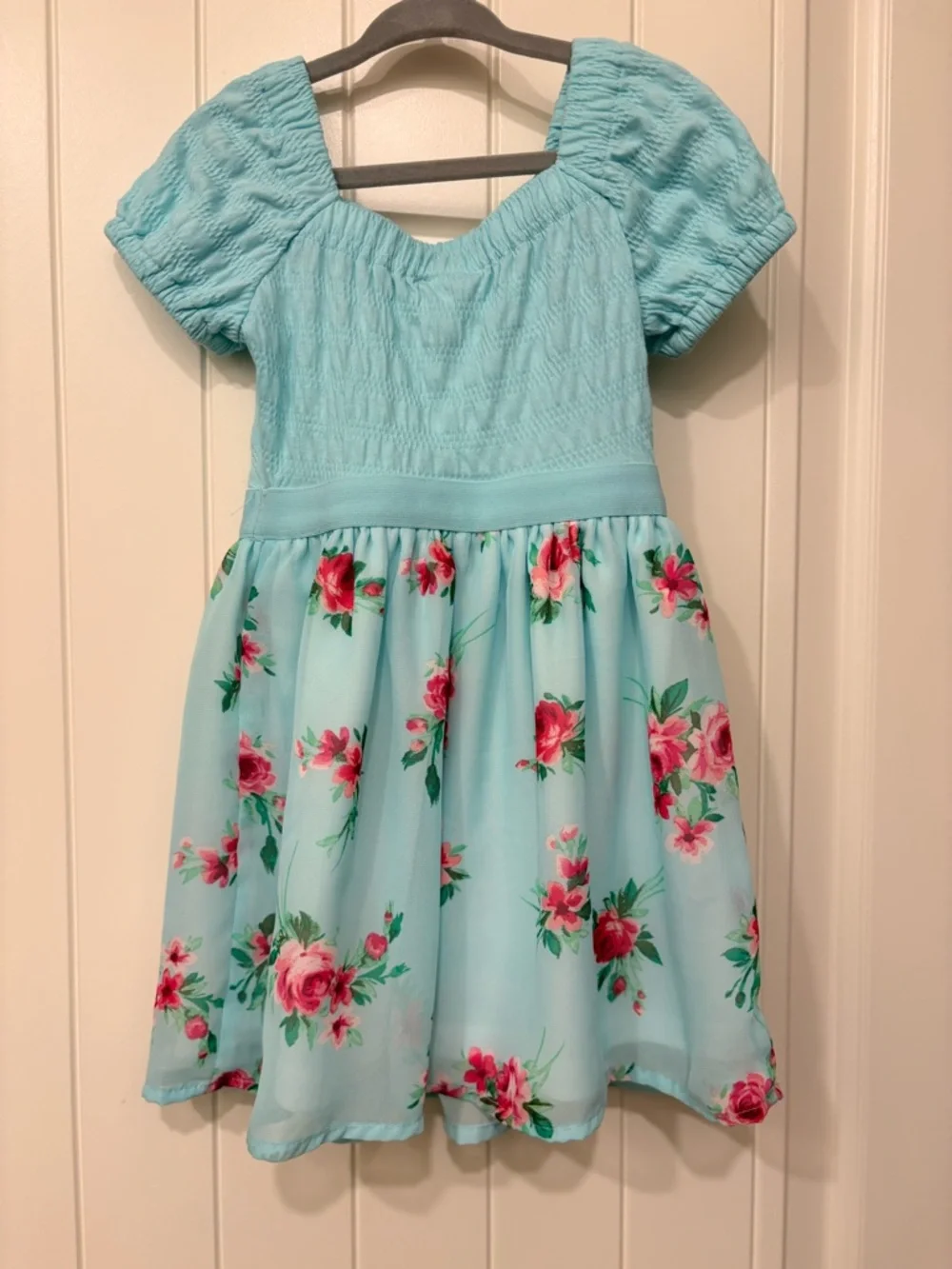 Children’s Place Aqua Pink Floral Dress Crinkle Top Elastic Girls Size 4 XS